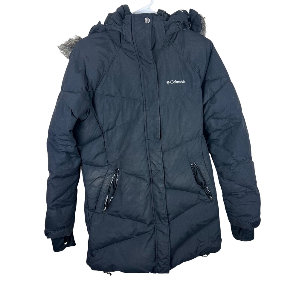 Columbia Down Parka Womens Large Black Omni-Heat Hooded Winter Jacket Zip Coat